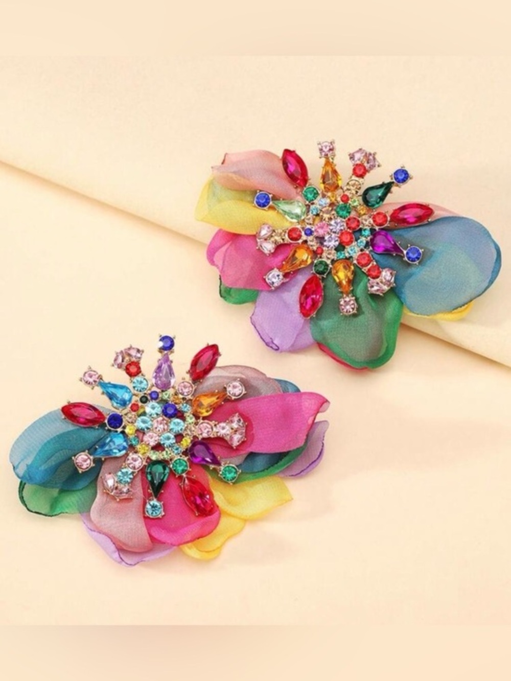 ✨ Multicolor Crystal Flower Brooch - Rainbow Fabric Petal Pin